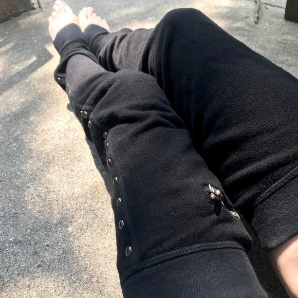 Upcycled Leg Warmers Black Thigh Highs Studded Knee Socks Sweatshirt Zipper Y2k - Picture 9 of 14